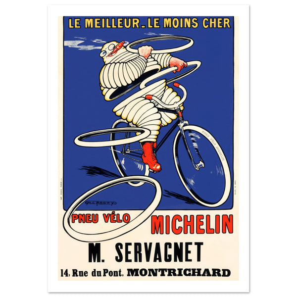 Illustrated poster with the well known Michelin Bibendum smoking a cigar and riding his bike. White and blue background and ywith black, yellow and red text in French.