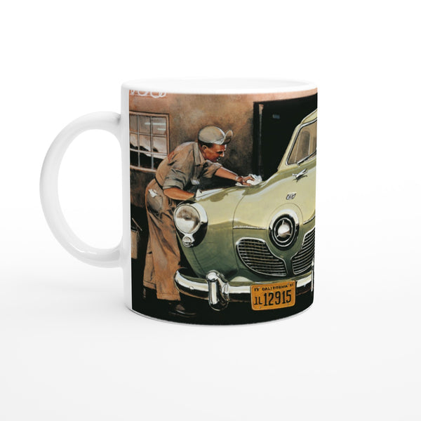 Coffee mug showing a classic Studebaker being picked up from the car wash.