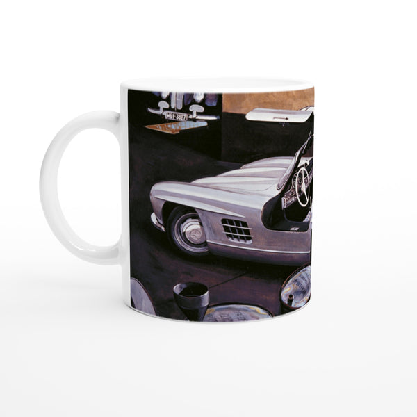 Coffee mug with print showing Vintage Mercedes 300 SL captured at a service station