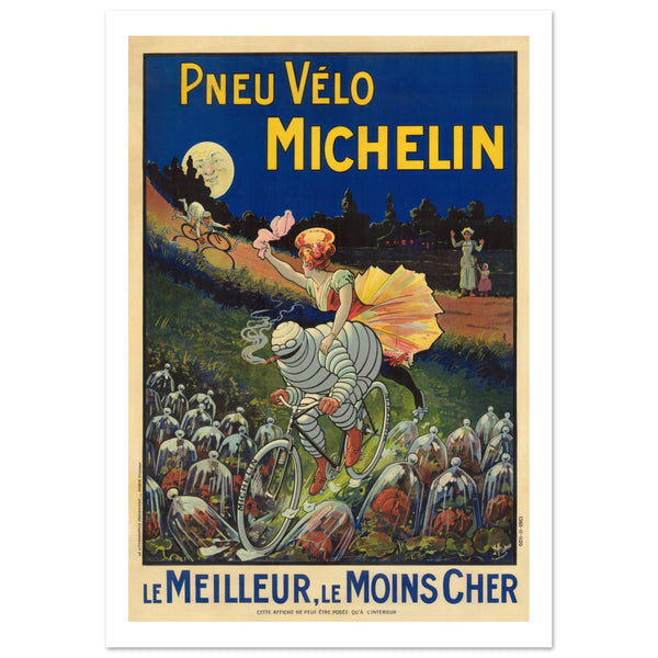 Illustrated poster with the well known Michelin Bibendum smoking a cigar and riding his bike over a field. White, blue green and yellow background with French text in yellow. 