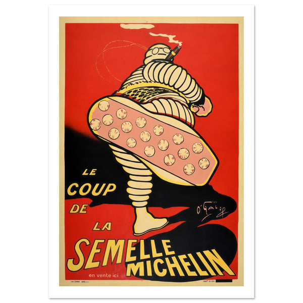 Illustrated poster with the well known Michelin Bibendum smoking a cigar. Red, black white and yellow printed poster.