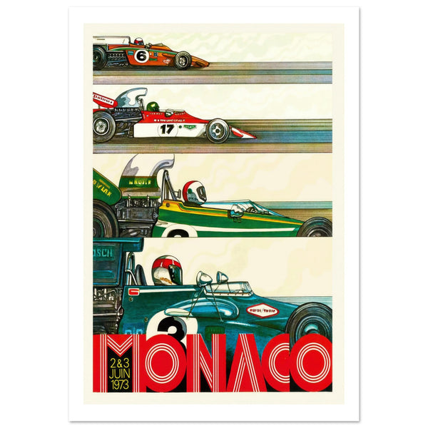 4 race cars seen from the side. Large text in red with letters Monaco.