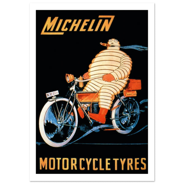 Illustrated poster with the well known Michelin Bibendum smoking a cigar on his motor bike. Blue, black white and yellow printed poster.