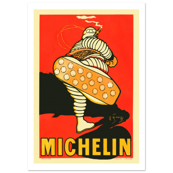 Illustrated poster with the well known Michelin Bibendum smoking a cigar. Red, black white and yellow printed poster.