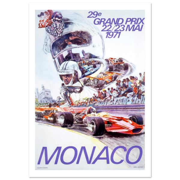 a collage with race cars and blue text Monaco 