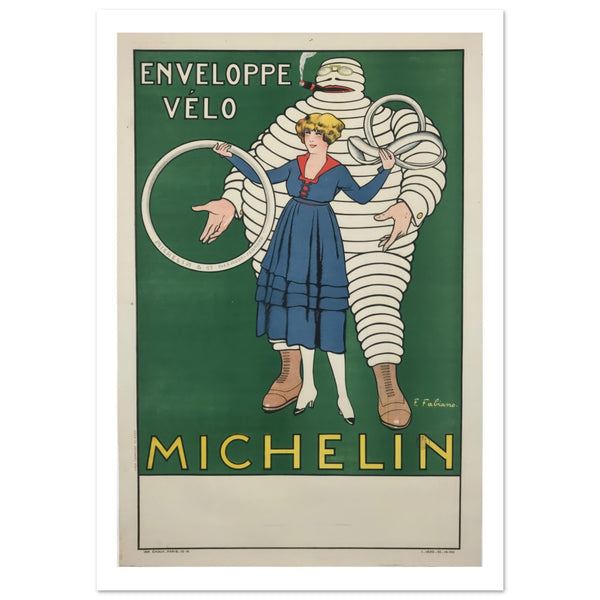 Illustrated poster with the well known Michelin Bibendum and a female standing in front of a green background. Yellow and white text in French.