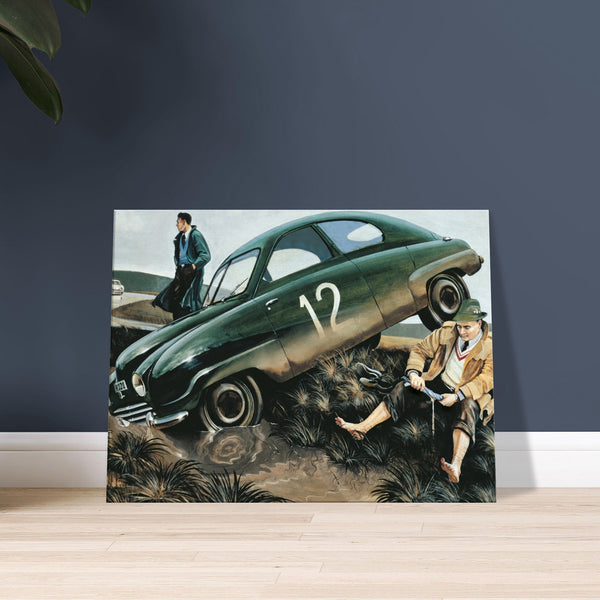 Iconic Swedish rally driver, Erik Carlsson, captured in a high-quality canvas print after skillfully navigating off-road terrain during a rally