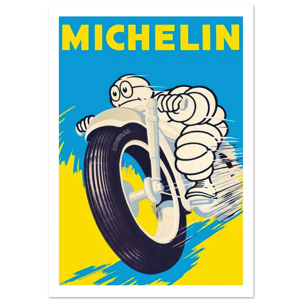 Illustrated poster with the well known Michelin Bibendum riding his motor bike. Yellow and blue and black background with logo in yellow. 
