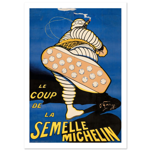 Illustrated poster with the well known Michelin Bibendum smoking a cigar and holding up his foot. Blue, black white and yellow printed poster.