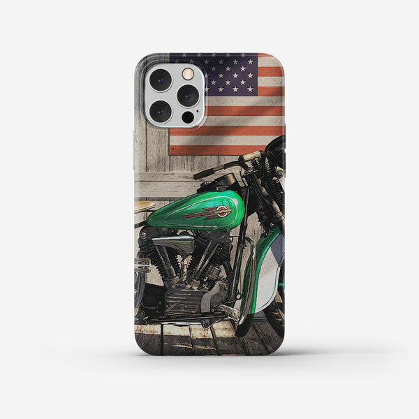 Mobile cover of artistic Harley illustration with a watercolor aesthetic positioned beneath the American flag