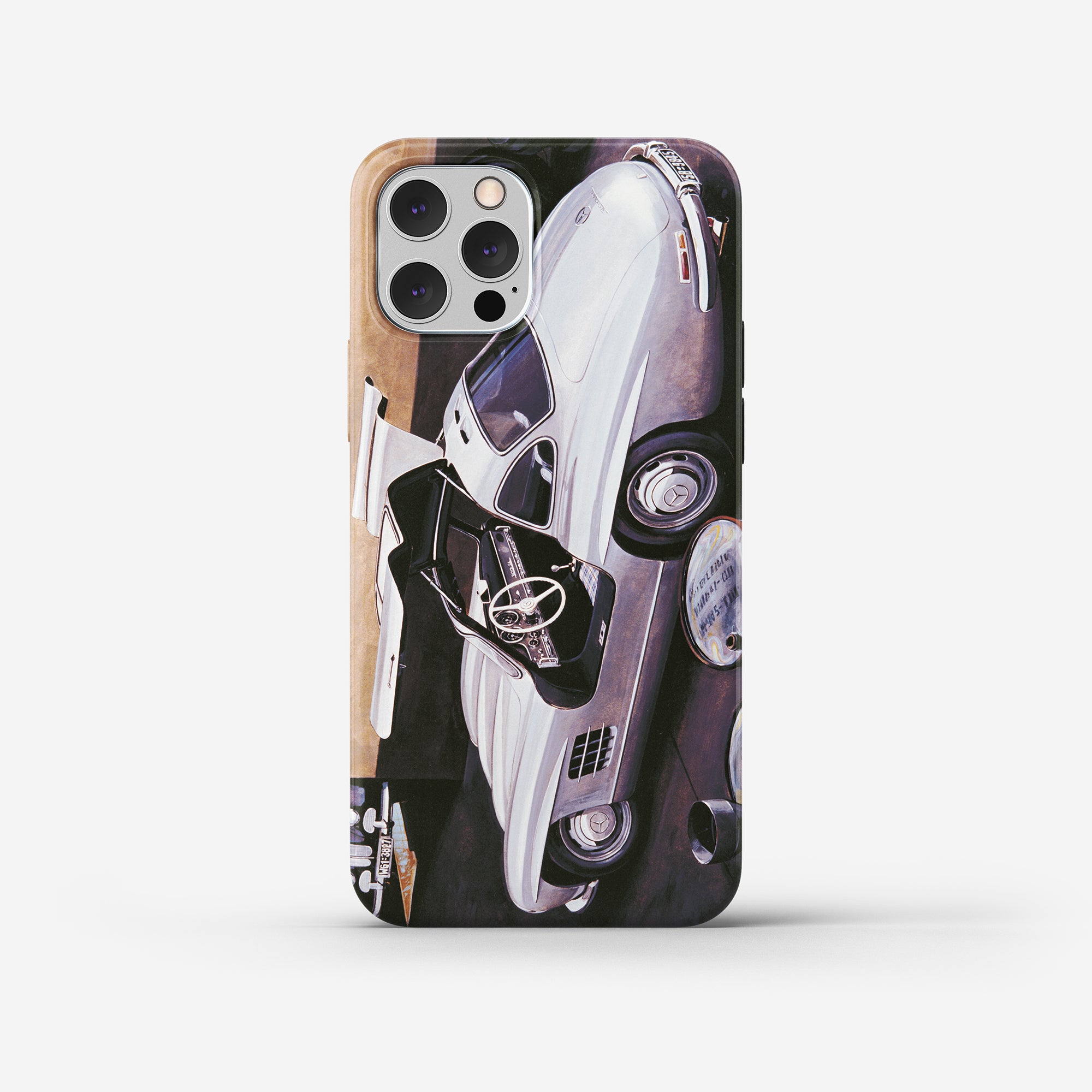 Mobile case showing Vintage Mercedes 300 SL captured at a service station