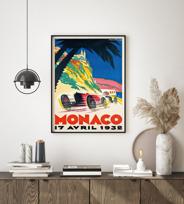 Race car against a colourful vintage palette with big red and black text