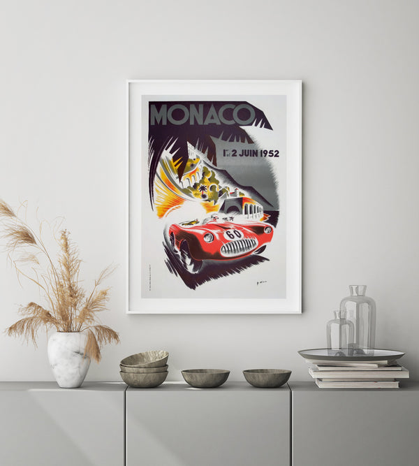 Red race car on light background. Vintage style illustration. Dark palm tree with letters on top in grey