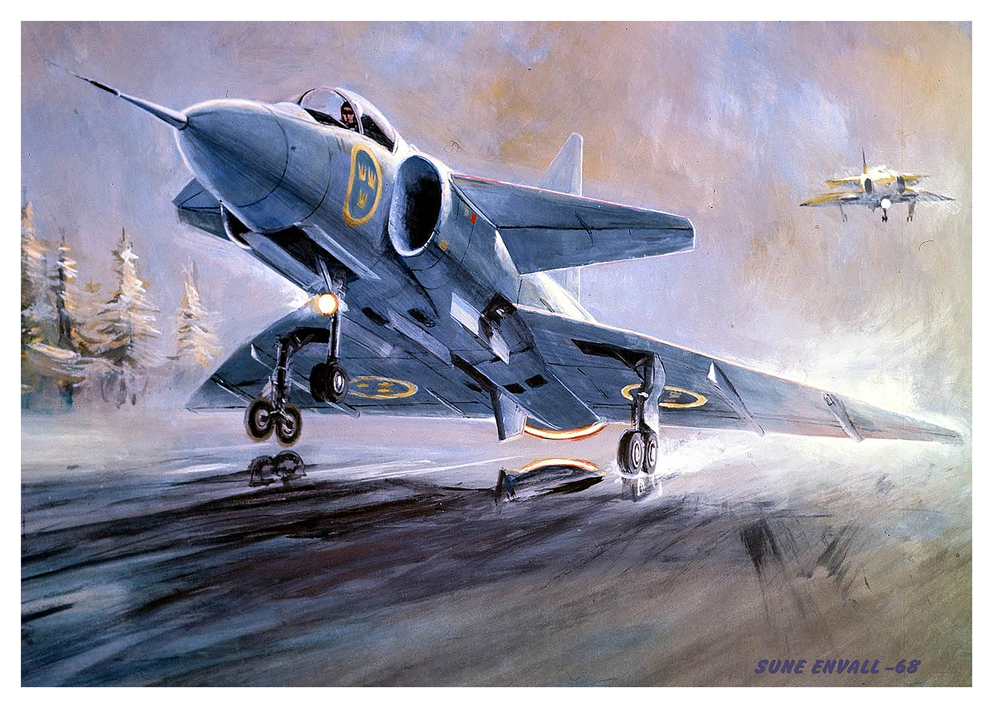 The SAAB fighter jet J35 Viggen landing on a swedish road base in bad weather.