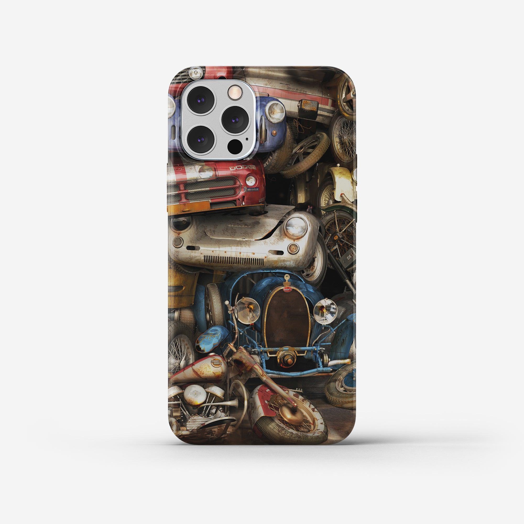 Mercedes, Ferrari, Porsche, Harley Davidson, Bugatti, Audi. All on a scrap yard . Mobile cover.