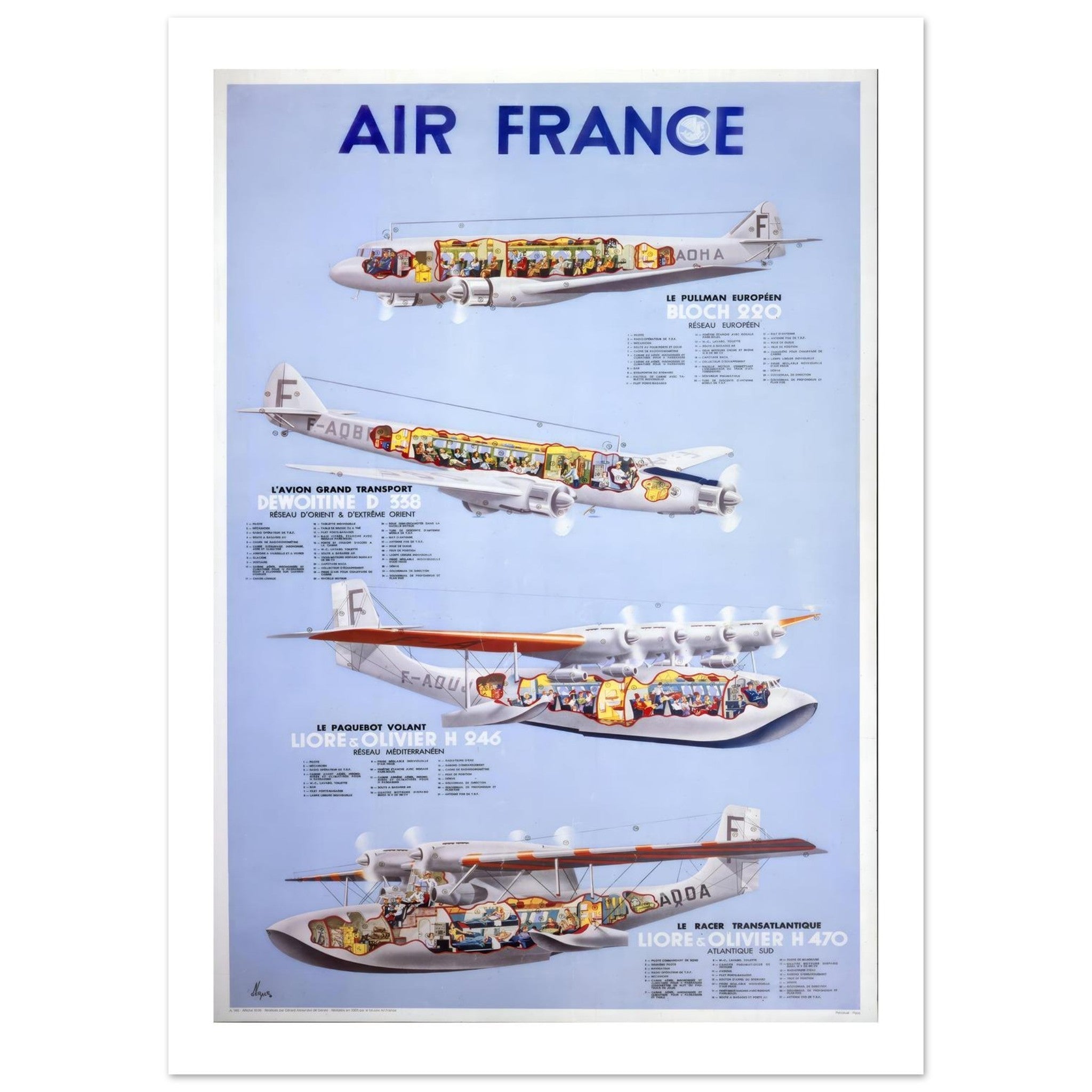 Air France Historical Fleet Cutaway Technical Illustration Poster - Transit Art