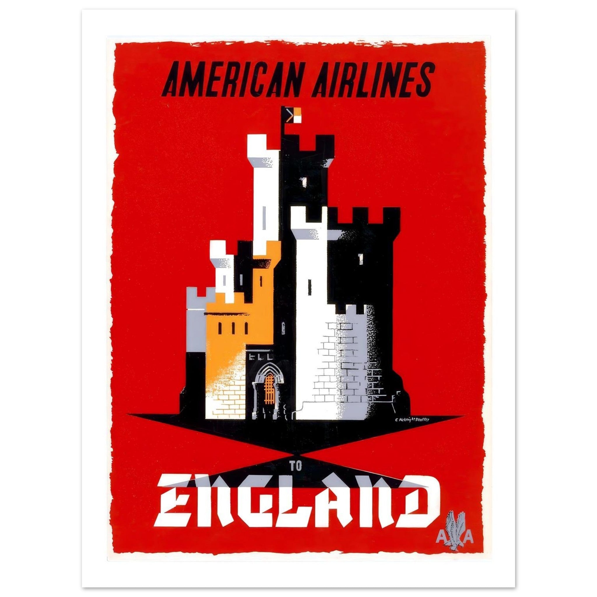 American Airlines England Travel Poster Featuring Stylized Castle - Transit Art
