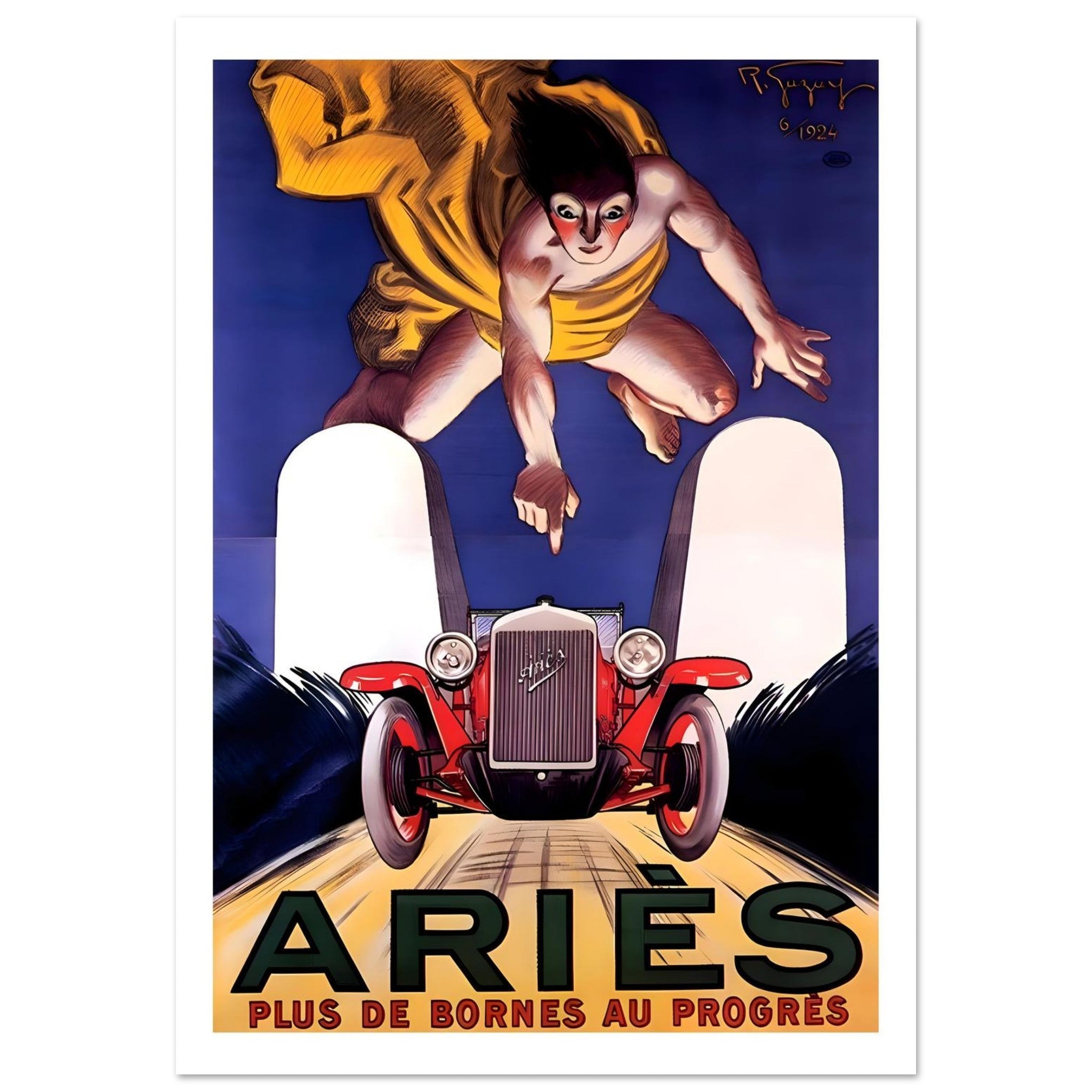 Aries “Plus de Bornes au Progrès” Vintage Car Poster - Transit Art
