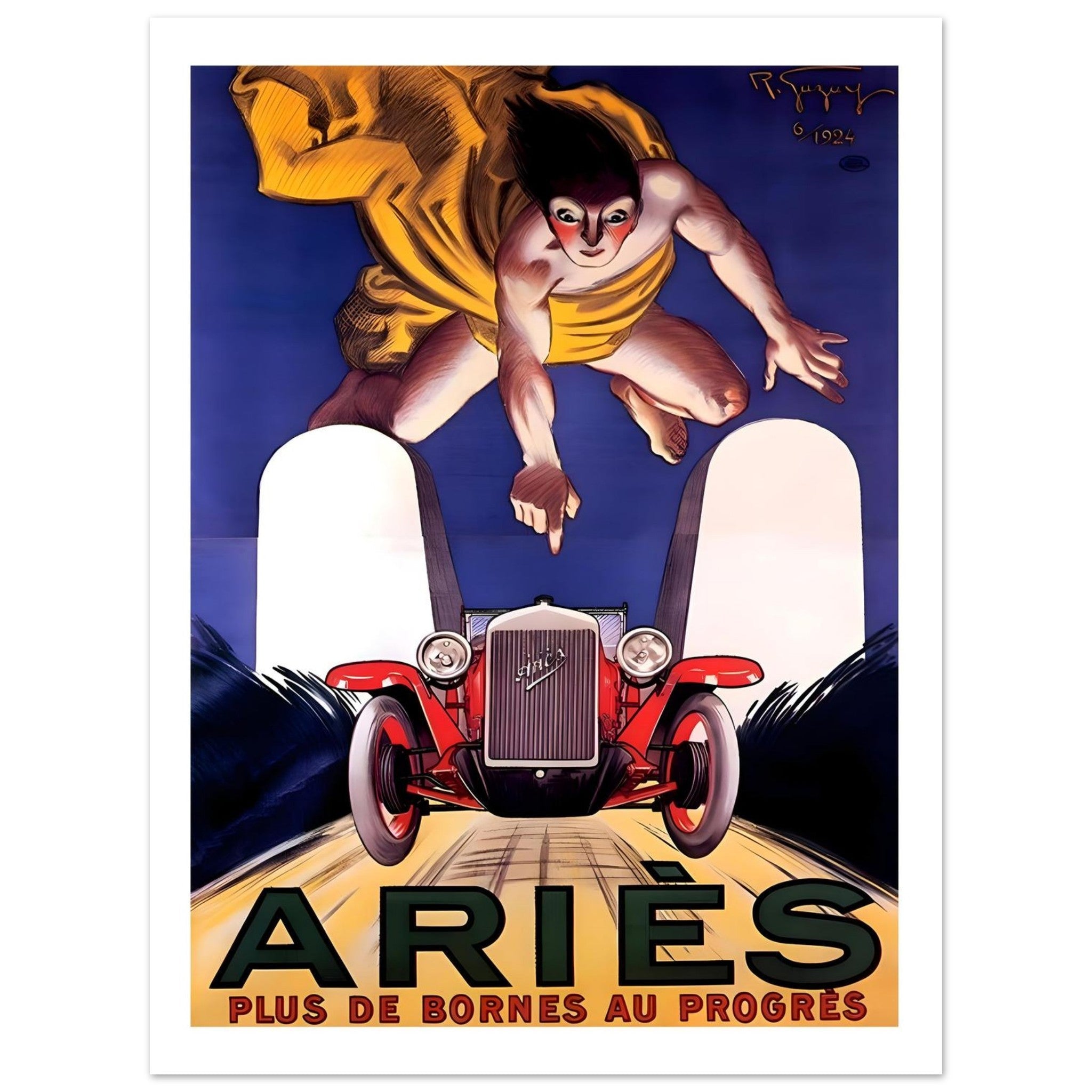 Aries “Plus de Bornes au Progrès” Vintage Car Poster - Transit Art