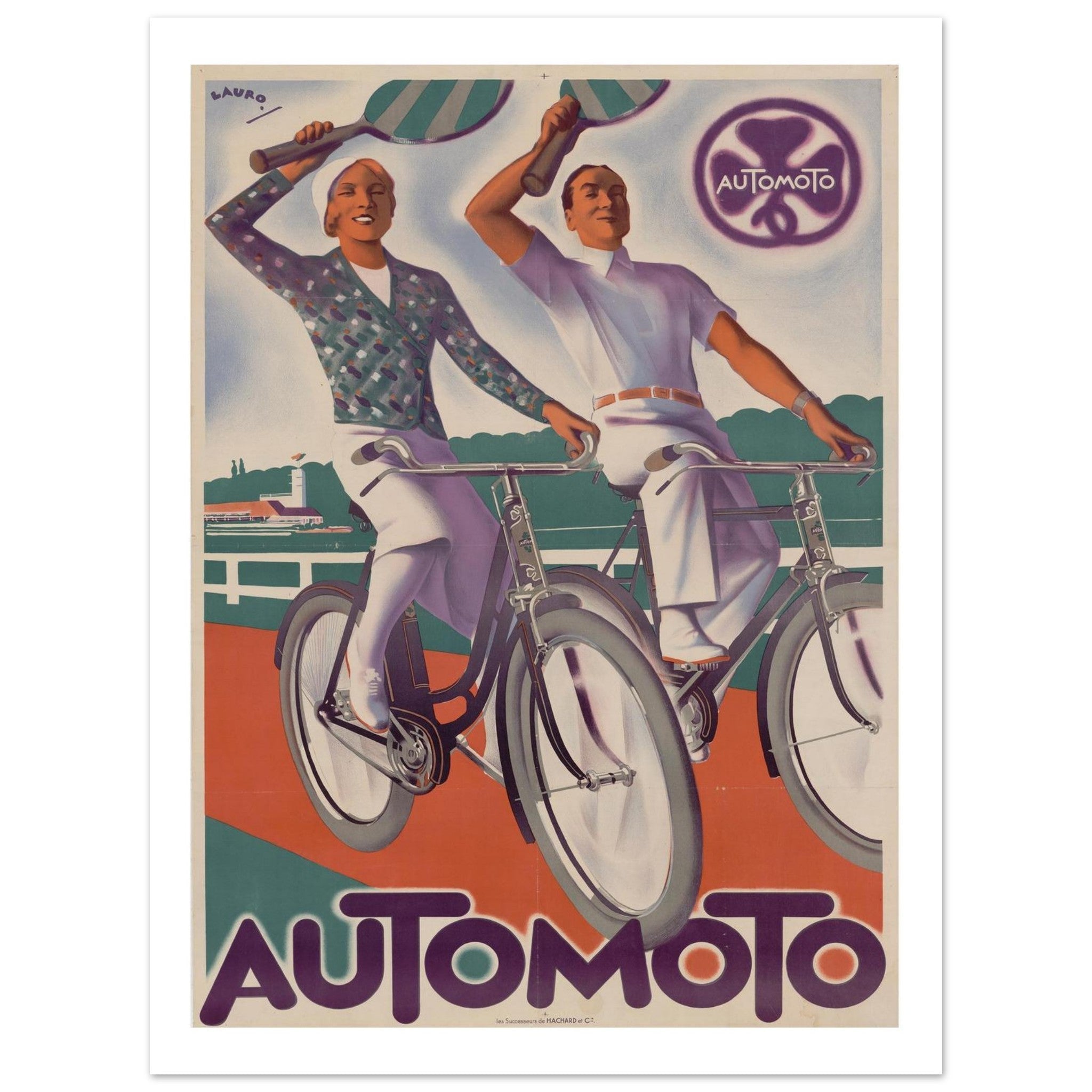Art Deco Automoto Vintage French Poster: Cycling and Tennis Leisure - Transit Art