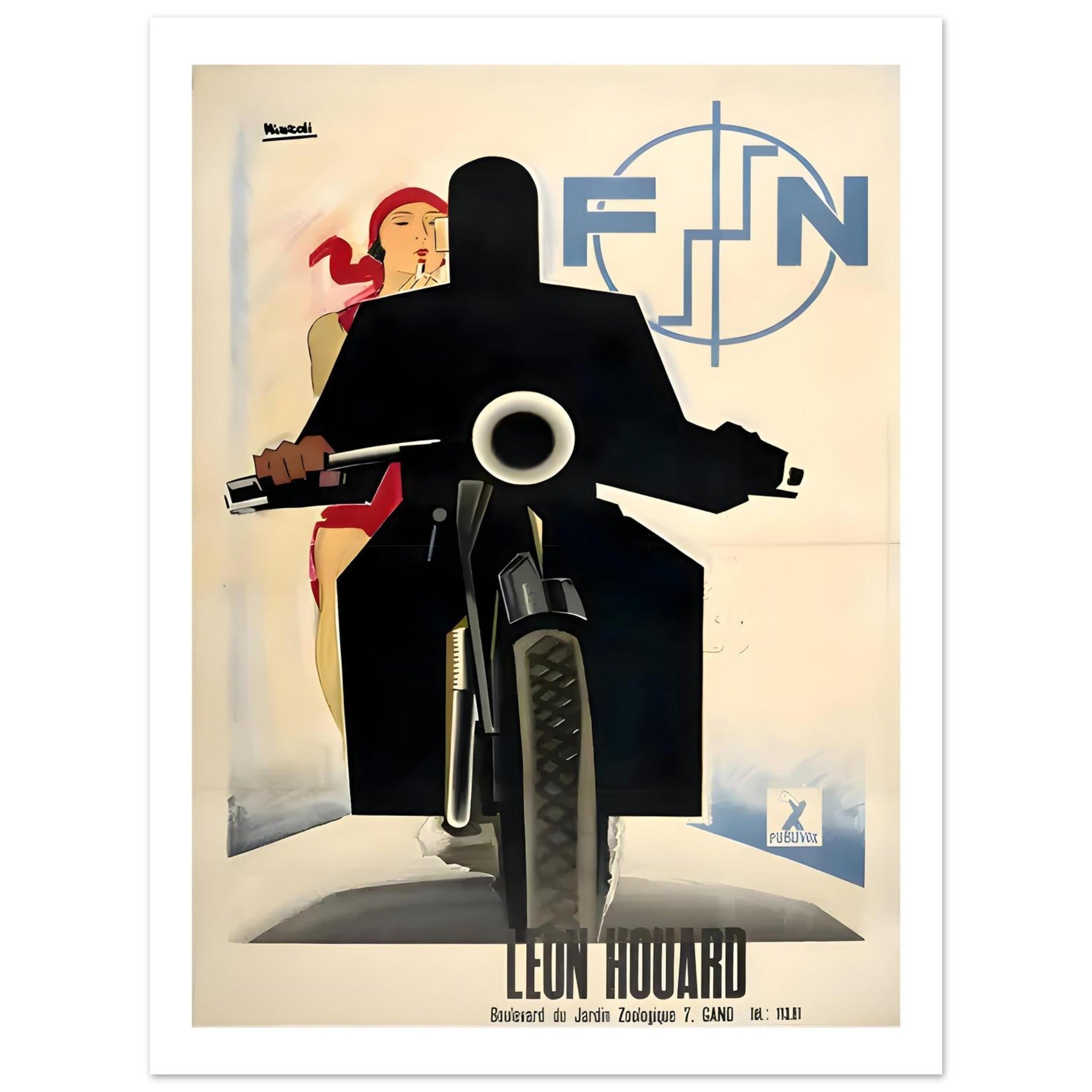 Art Deco FN motorcycle poster featuring bold silhouette of rider and stylish woman in red headscarf by Leon Houard.
