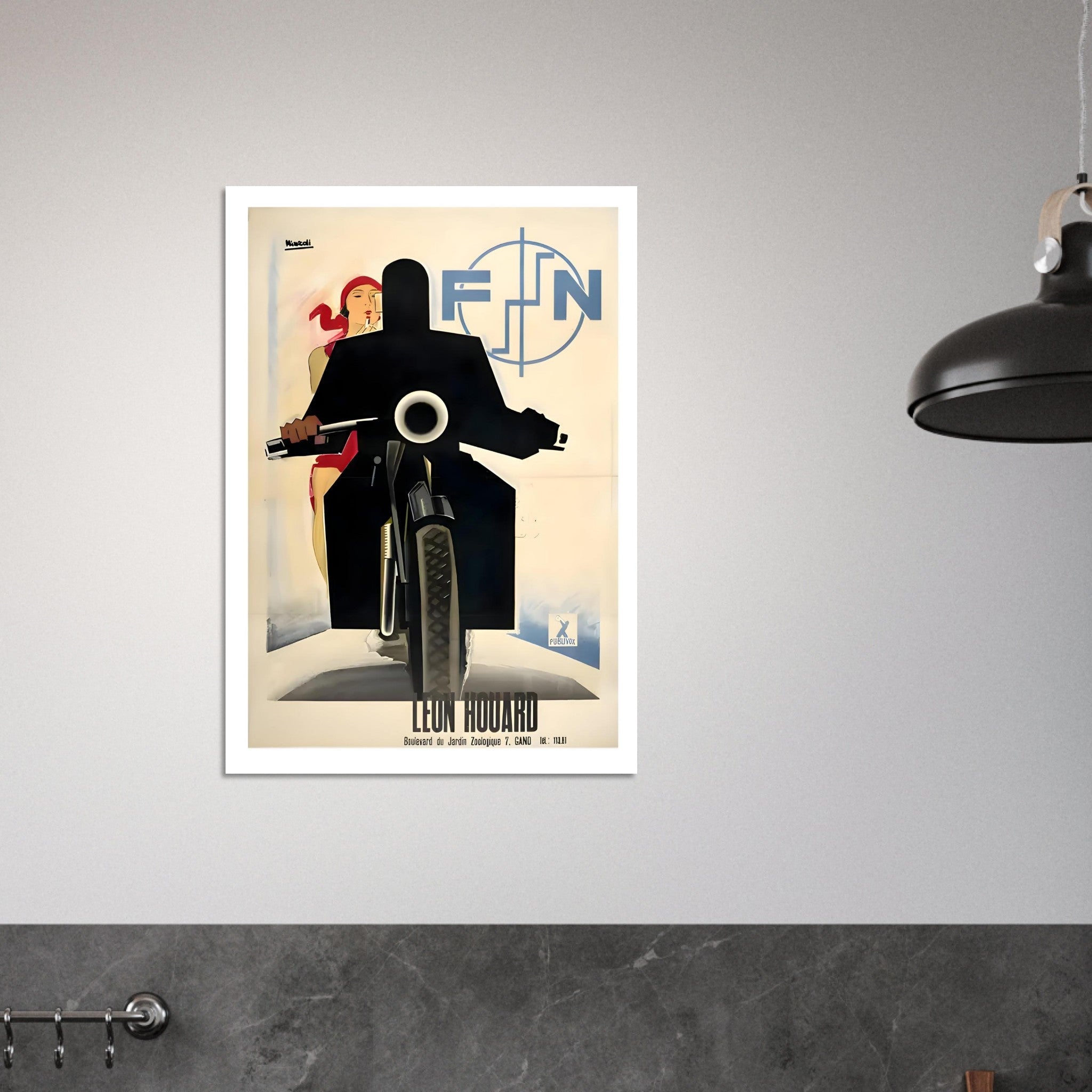 Art Deco FN motorcycle poster featuring rider and woman in red scarf, minimalist design by Leon Houard.