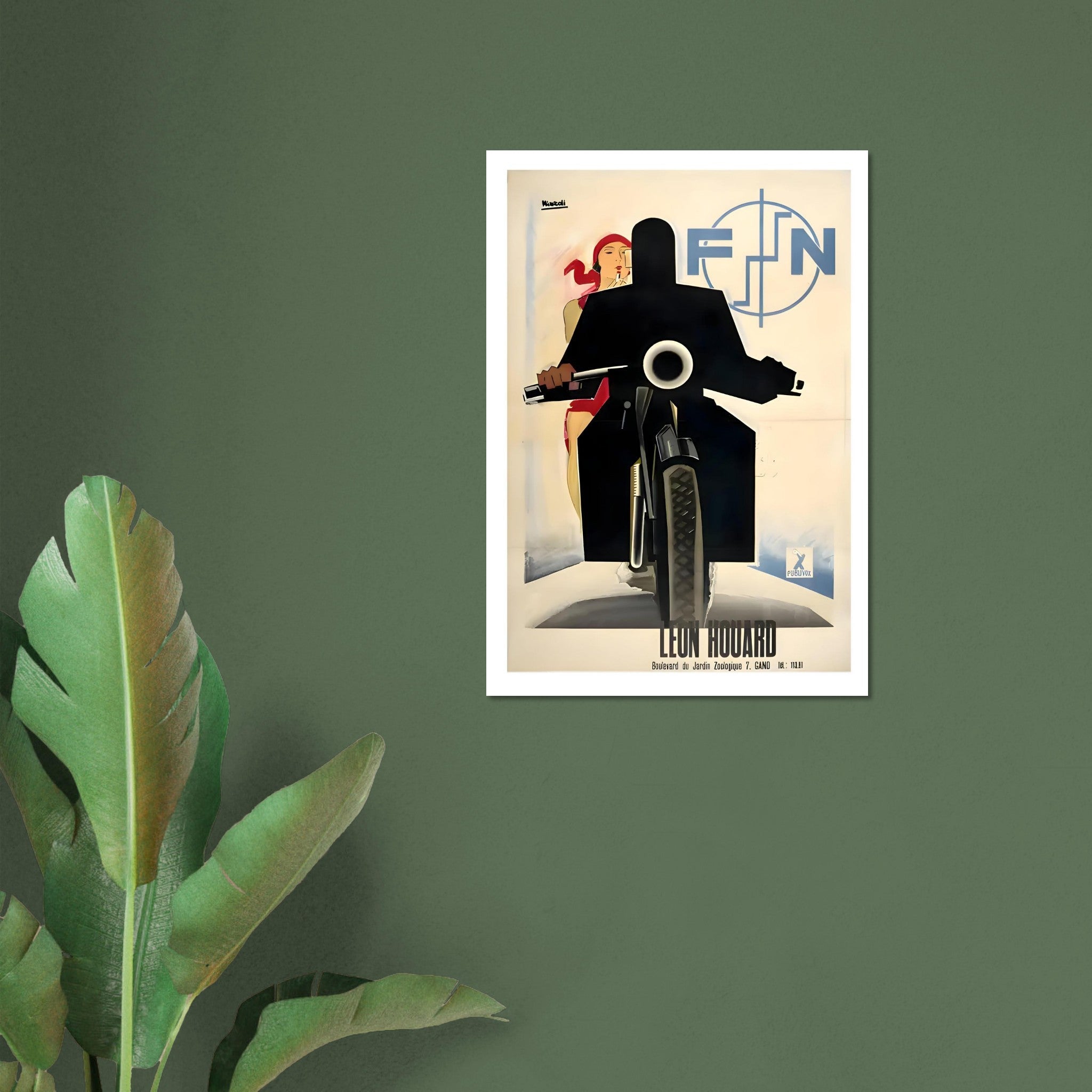 Art Deco FN motorcycle poster showcasing bold silhouette of rider and woman, vibrant red scarf, sleek design.