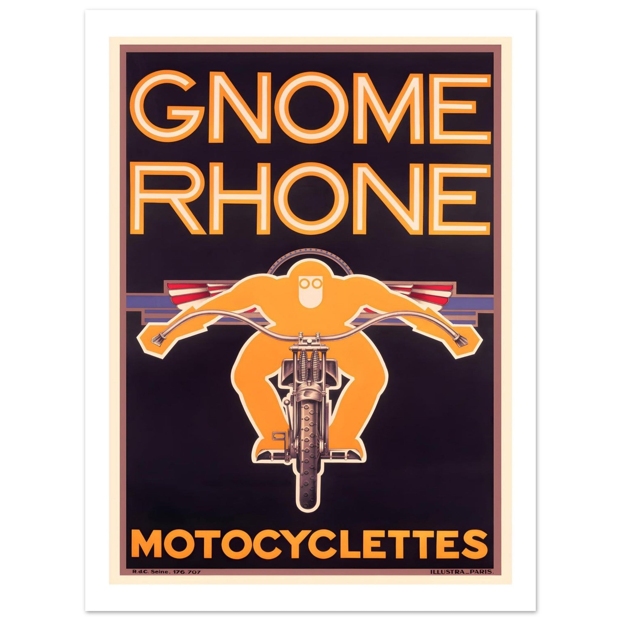 Art Deco Motocyclettes poster featuring a bold graphic of a rider on a motorcycle against a striking black background.