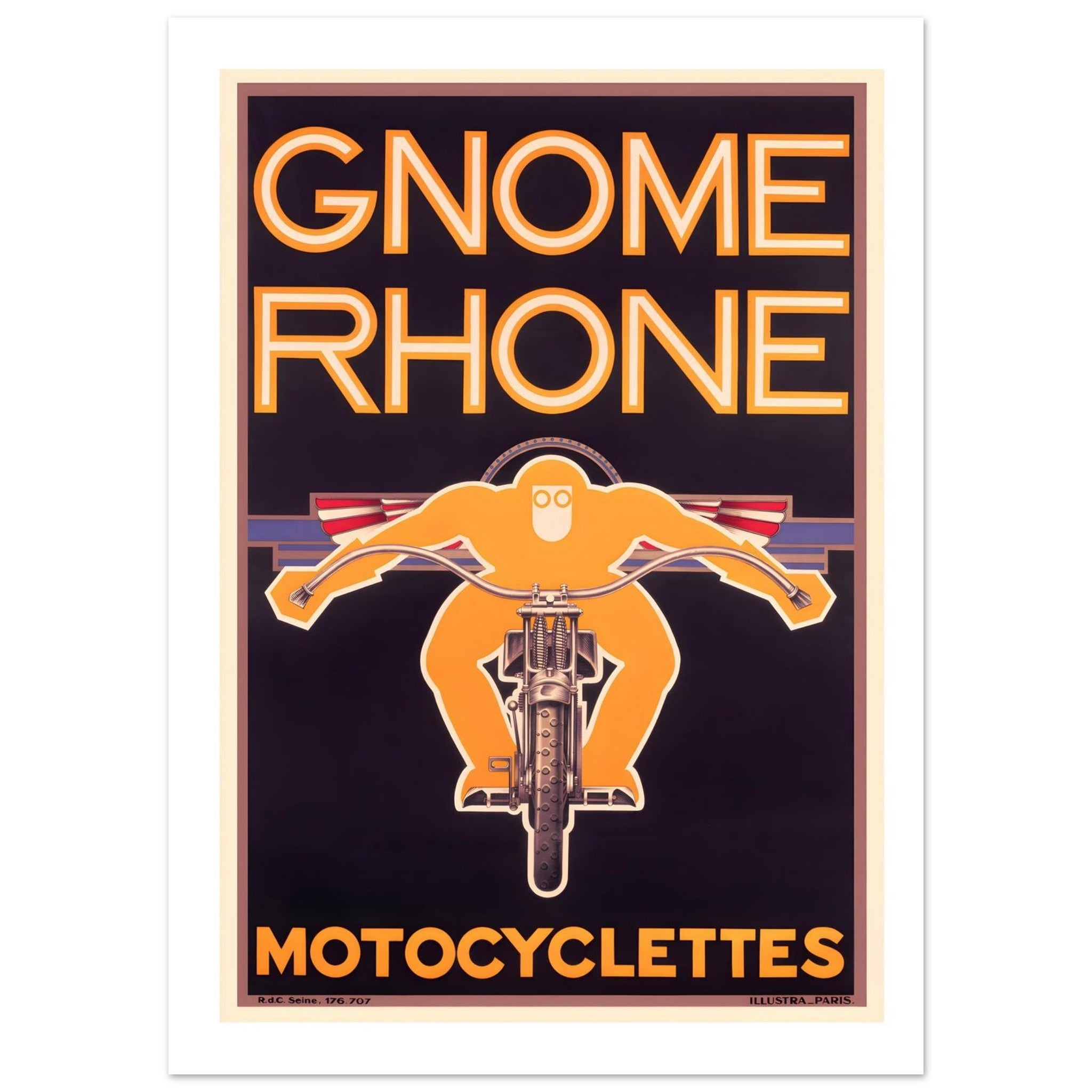 Art Deco Motocyclettes poster featuring a bold graphic of a rider on a motorcycle against a dark background.
