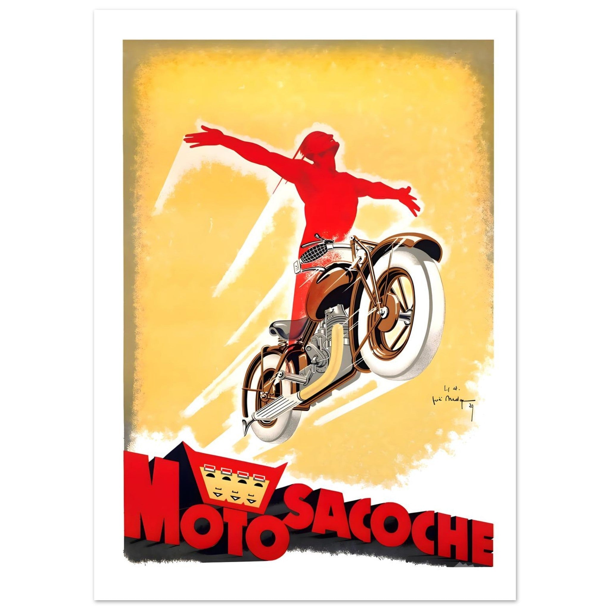 Art Deco Motosacoche Poster Featuring Red Rider Silhouette - Transit Art