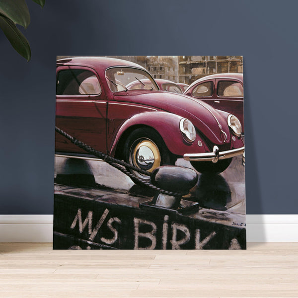 Canvas print showing Volkswagen beetles at the docks in Hamburg, Germany after the war.