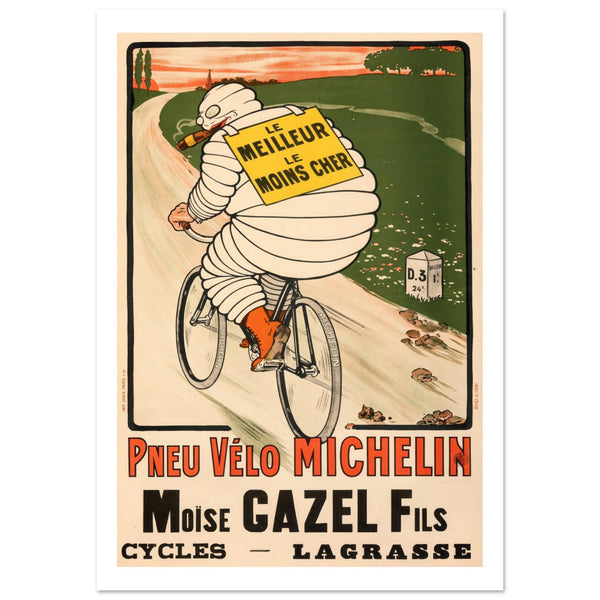 Illustrated poster with the well known Michelin Bibendum smoking a cigar and riding his bike. White, black, green and yellow printed poster.