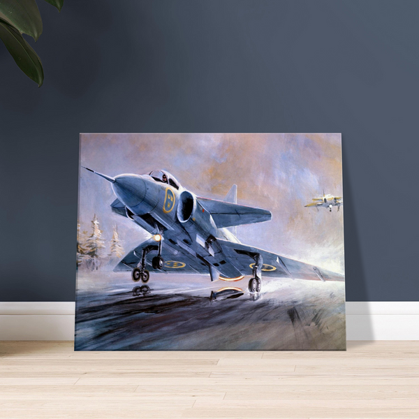 Canvas print showing the SAAB fighter jet J35 Viggen landing on a swedish road base in bad weather.
