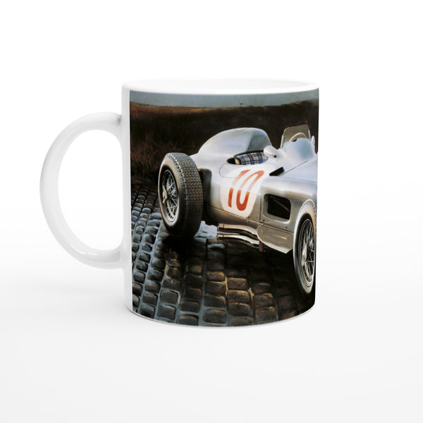 Mug with print showing a classic 1954 Mercedes W196 parked outside Nurburgring