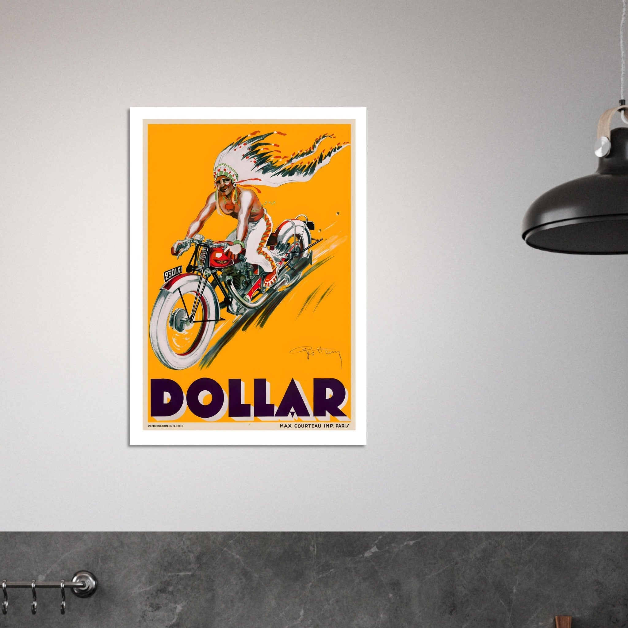 Dynamic Vintage Dollar Motorcycle Advertising Poster - Transit Art