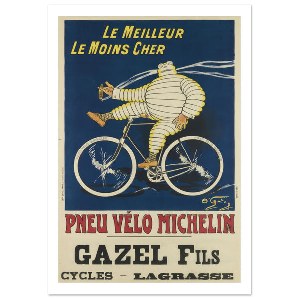 Illustrated poster with the well known Michelin Bibendum smoking a cigar and riding his bike. White, blue background with French text in yellow and red. 