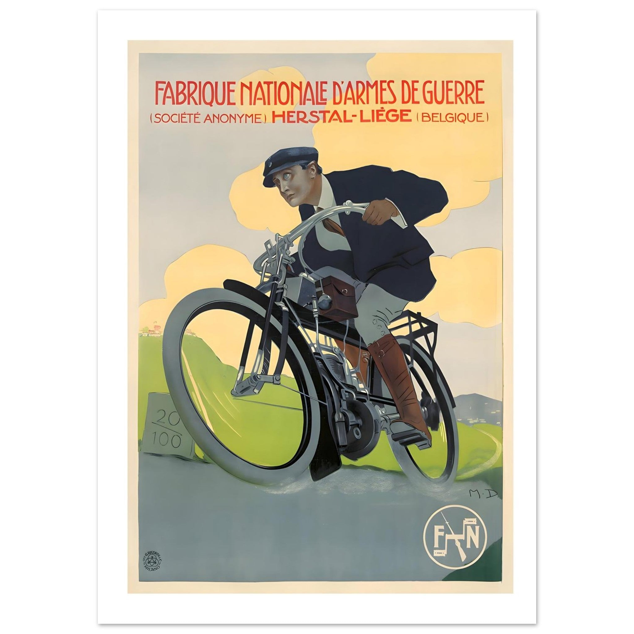 Elegant Vintage FN Belgian Motorcycle Poster - Transit Art