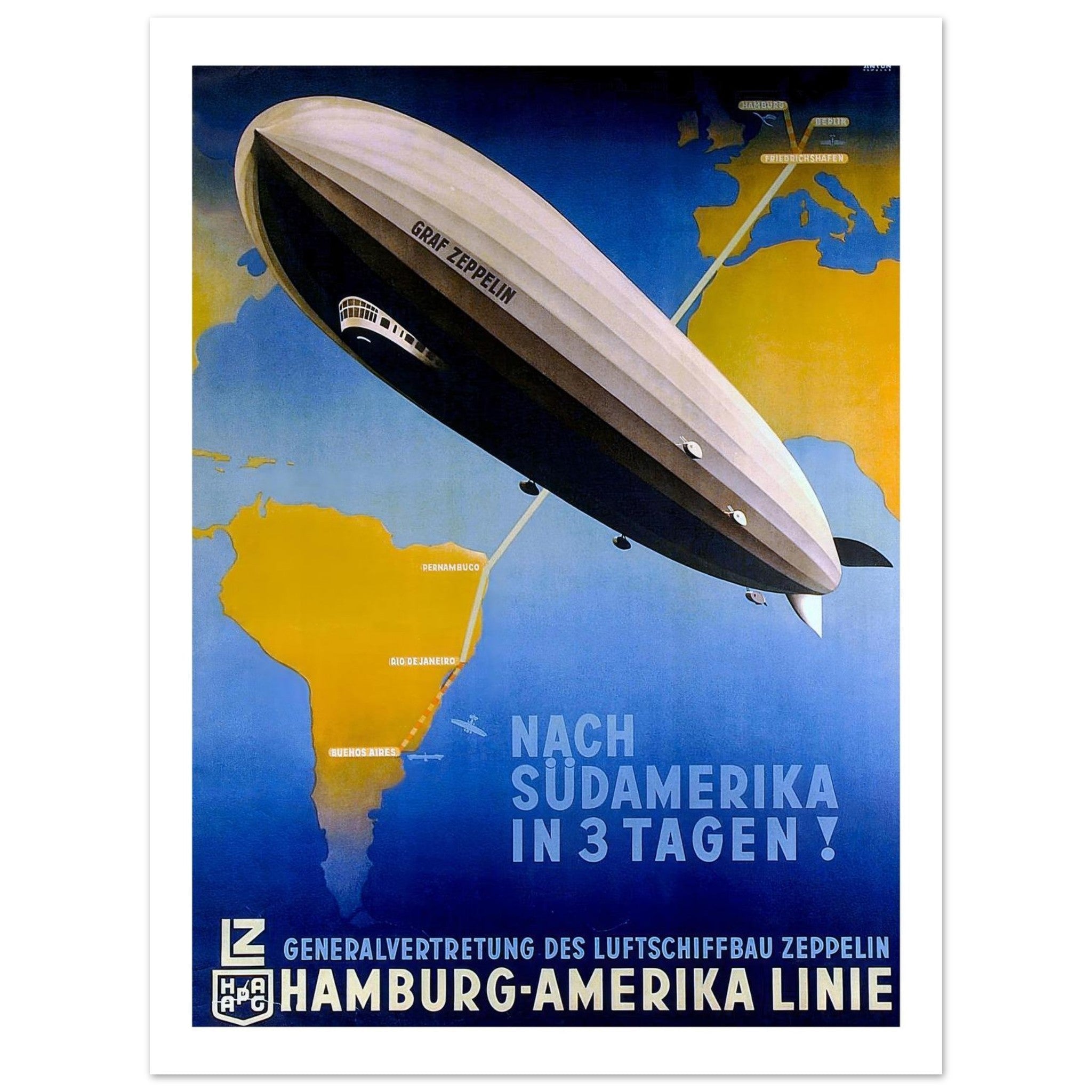 Graf Zeppelin "Nach Südamerika in 3 Tagen" Vintage Poster - Transit Art