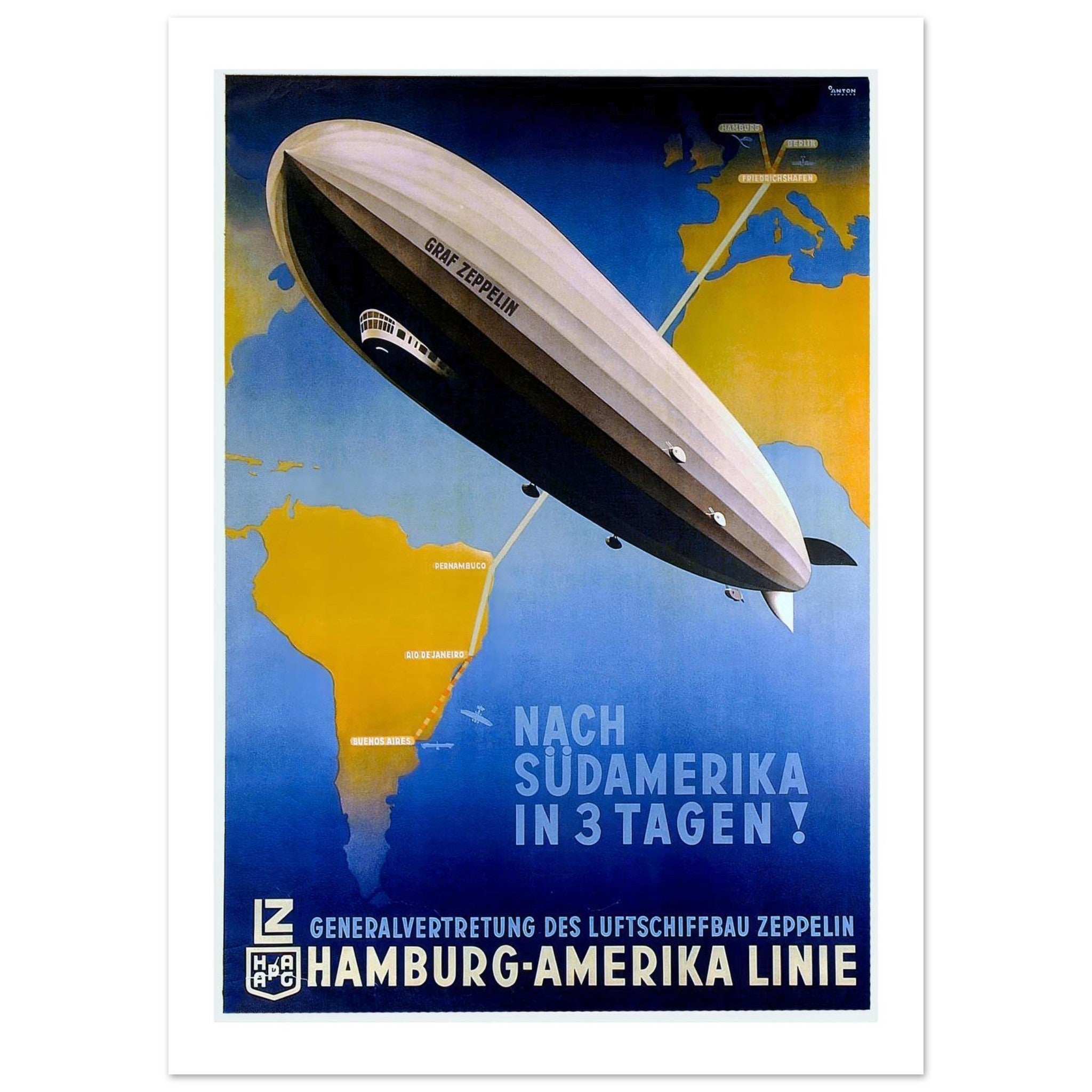 Graf Zeppelin "Nach Südamerika in 3 Tagen" Vintage Poster - Transit Art