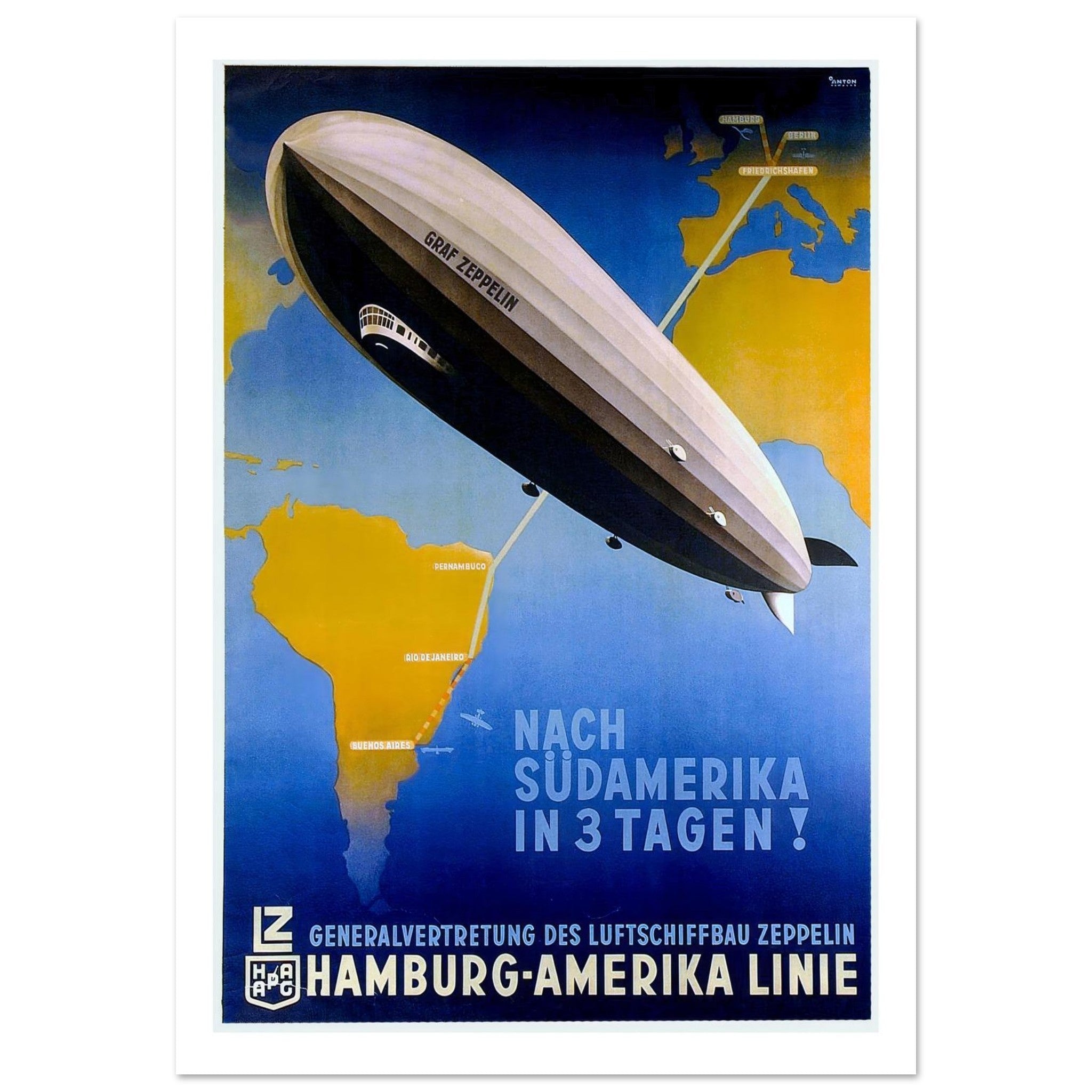 Graf Zeppelin "Nach Südamerika in 3 Tagen" Vintage Poster - Transit Art