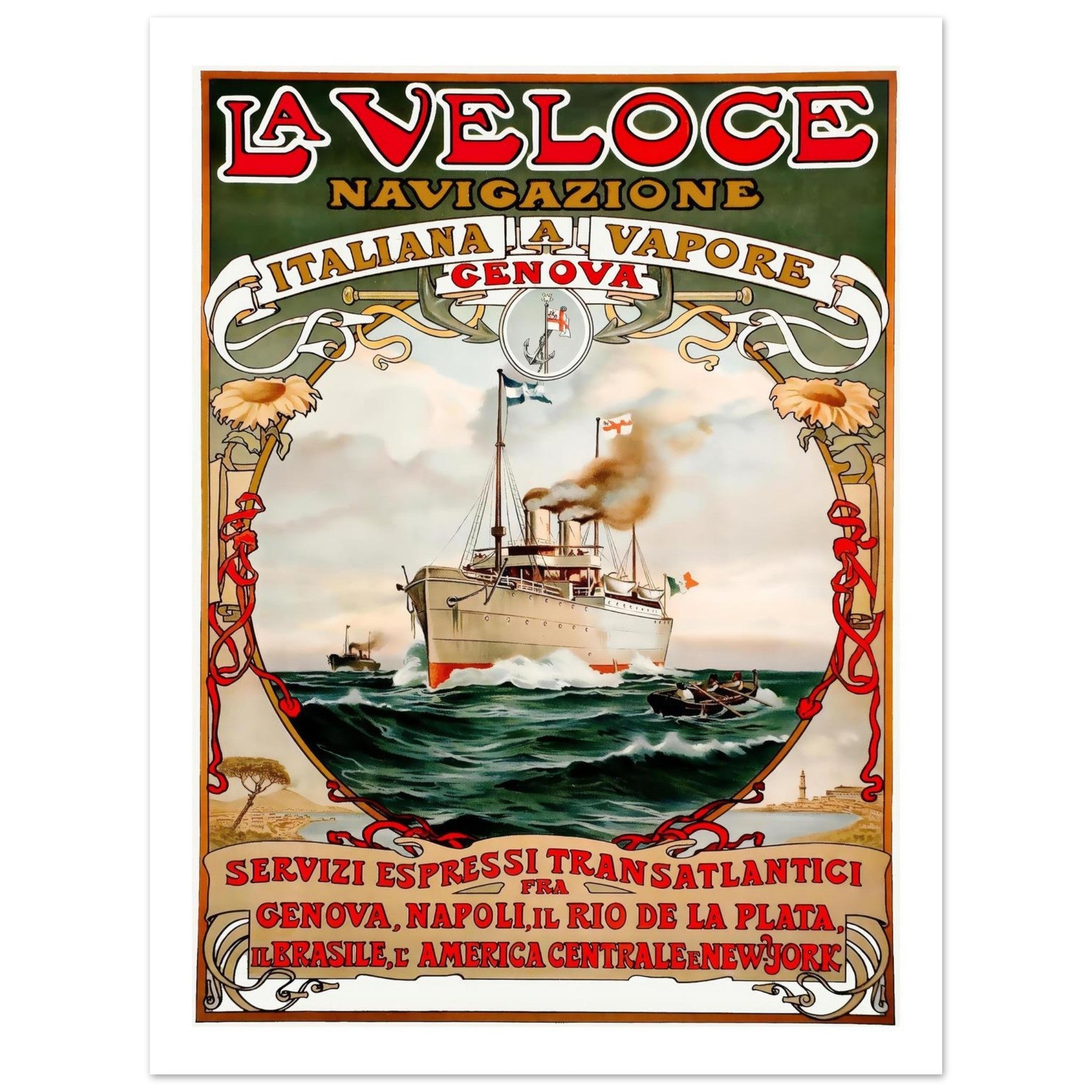 La Veloce Navigazione Poster: Italian Transatlantic Services - Transit Art