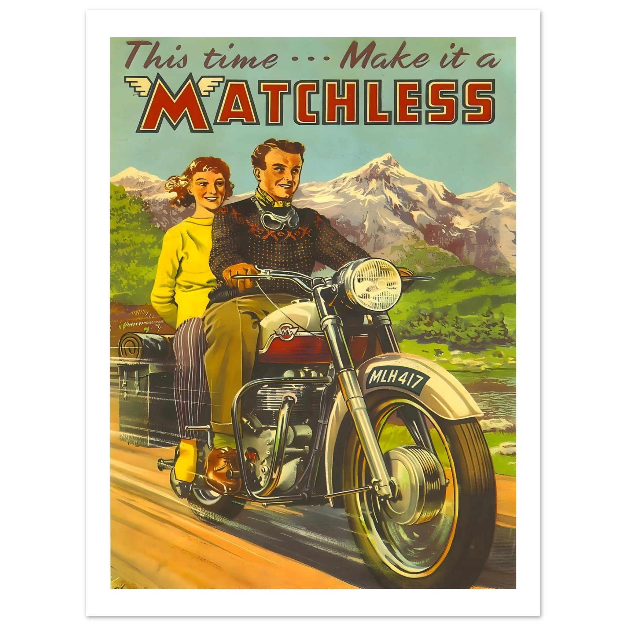 Matchless Motorcycle Advertisement with Scenic Landscape - Transit Art