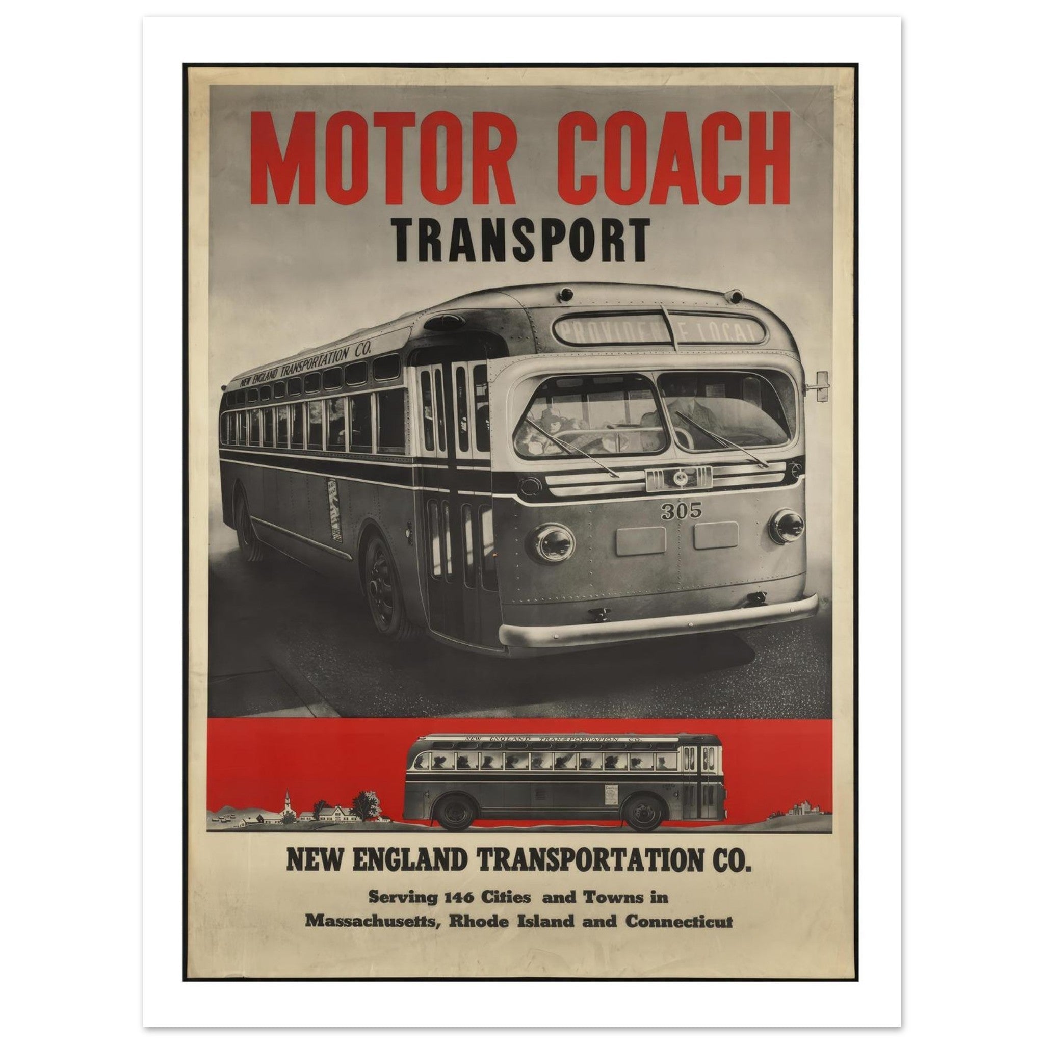 New England Transportation Co. "Motor Coach Transport" Vintage Poster - Transit Art