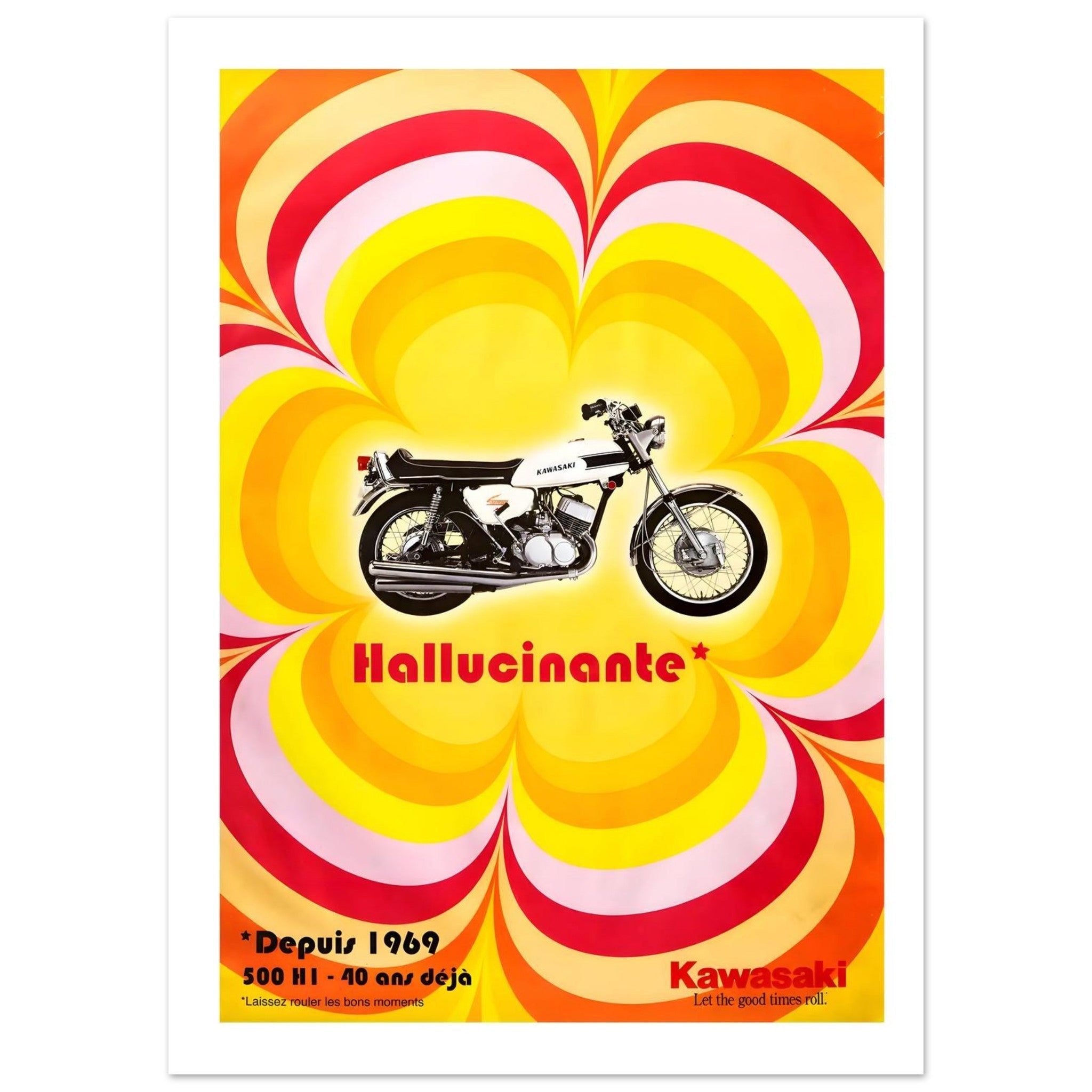 Psychedelic Kawasaki 500 H1 poster featuring a white motorcycle against a vibrant psychedelic background.