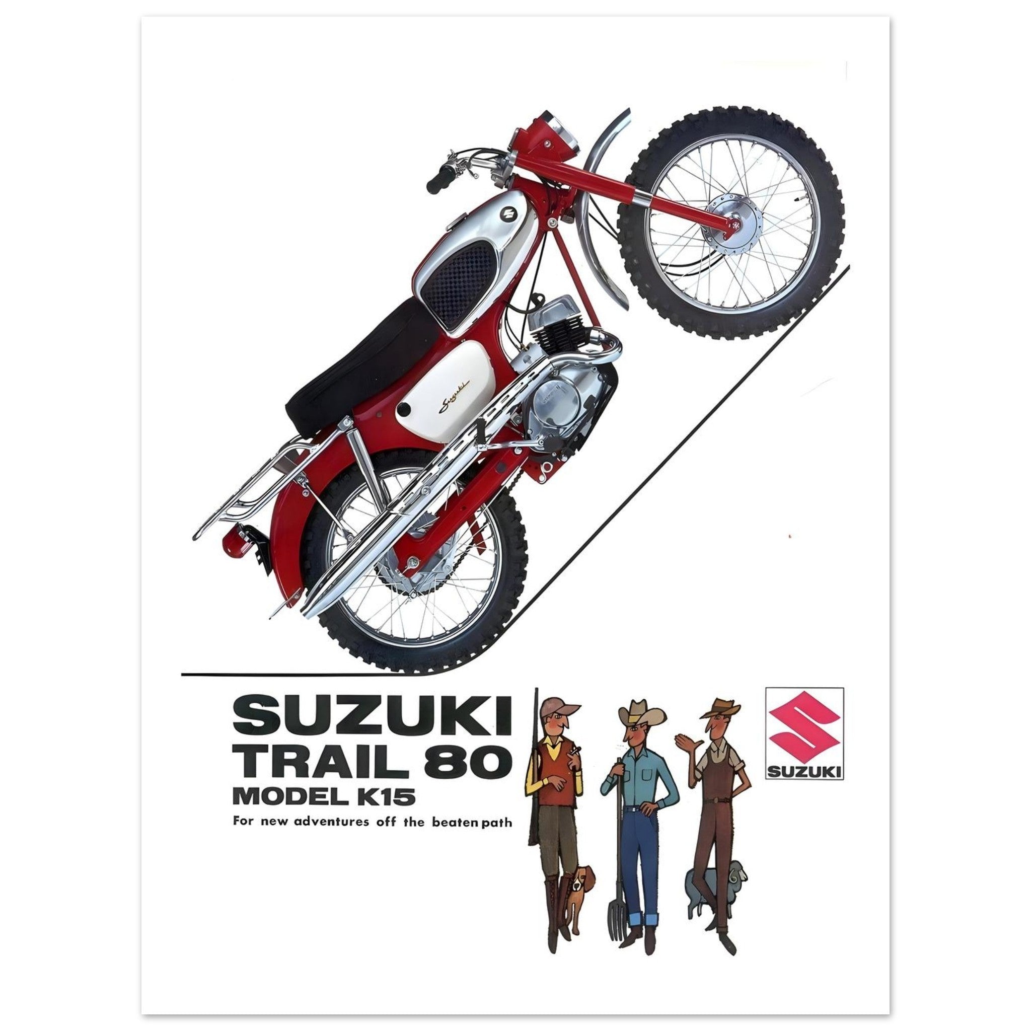 Suzuki Trail 80 motorcycle poster showcasing the iconic Model K15 in a stylish red and silver design.