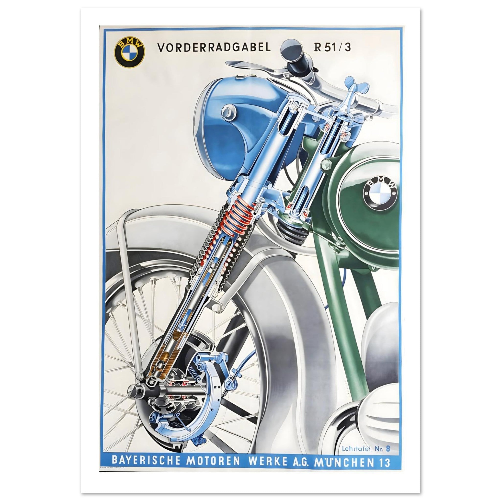Technical BMW Motorcycle Fork Diagram Poster - Transit Art