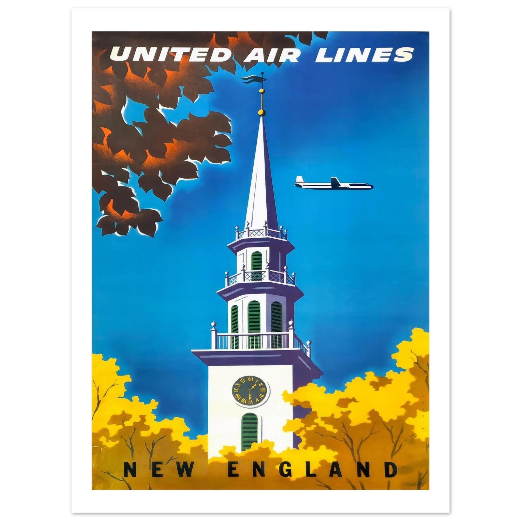 United Air Lines: New England Vintage Travel Poster - Transit Art