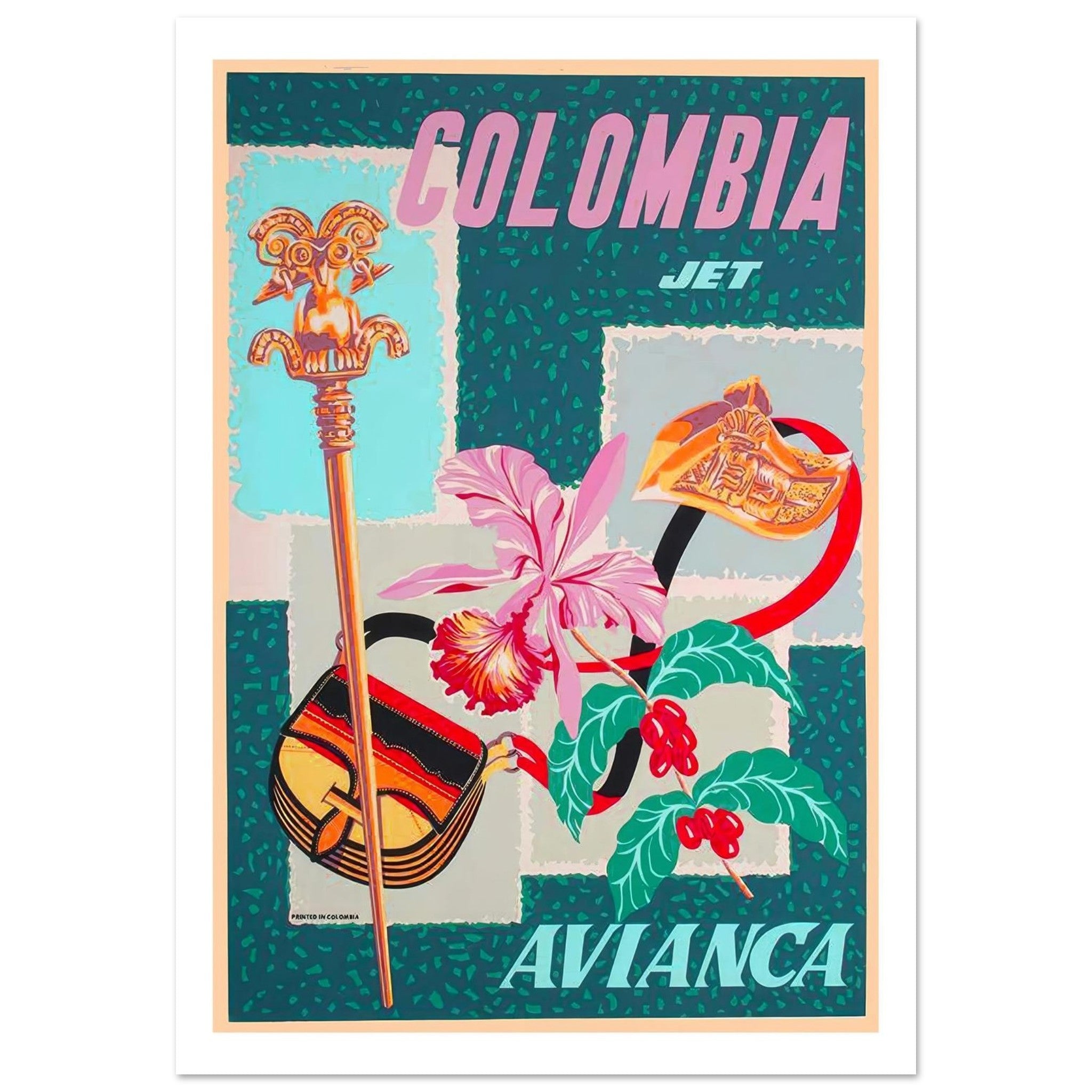 Vibrant Vintage Avianca Jet Travel Poster Showcasing Icons of Colombia - Transit Art