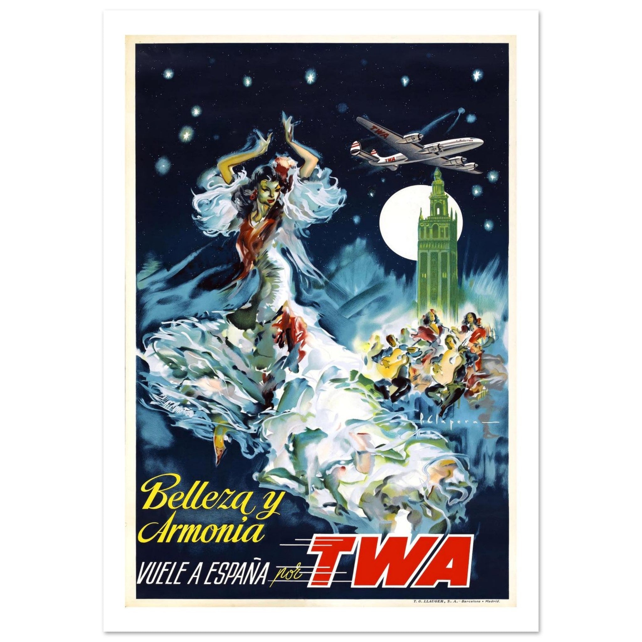 Vibrant Vintage TWA Poster Advertising Flights To Spain - Transit Art