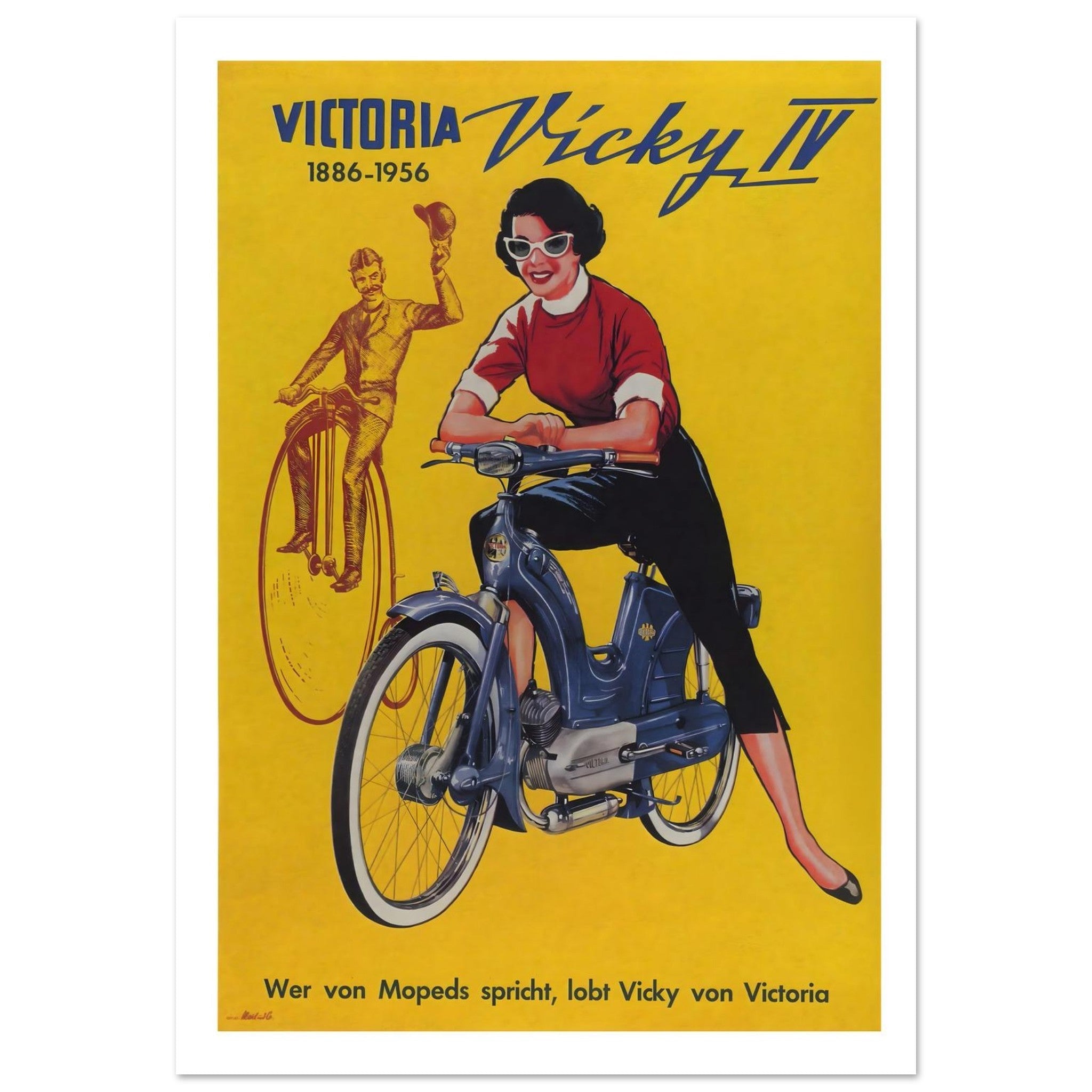 1956 Victoria Vicky IV moped advertisement featuring a stylish woman riding a scooter with a retro design.